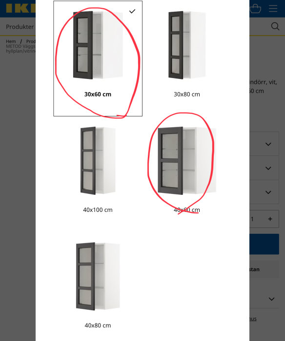 Olika storlekar på vitrinskåpsluckor, markerade i rött är 30x60 cm och 40x60 cm, anpassningar för bygghöjd och utrymme.
