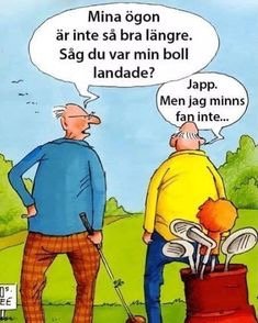 Två golfspelare samtalar på banan, en letar efter sin boll, tecknad humor.