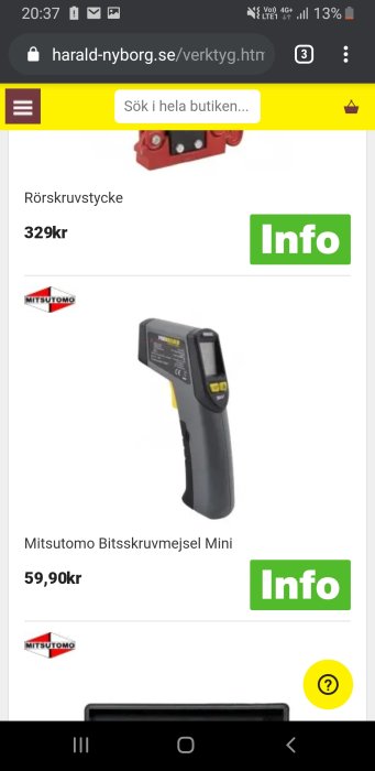 Mini bitsskruvmejsel från Mitsutomo, priset 59,90 kr visas på skärmdump från webbutik.