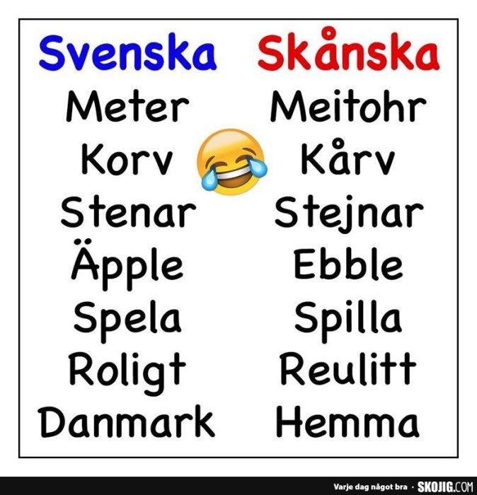 Jämförelse av ord på svenska och skånska med motsvarande översättning och en gråtande smiley.