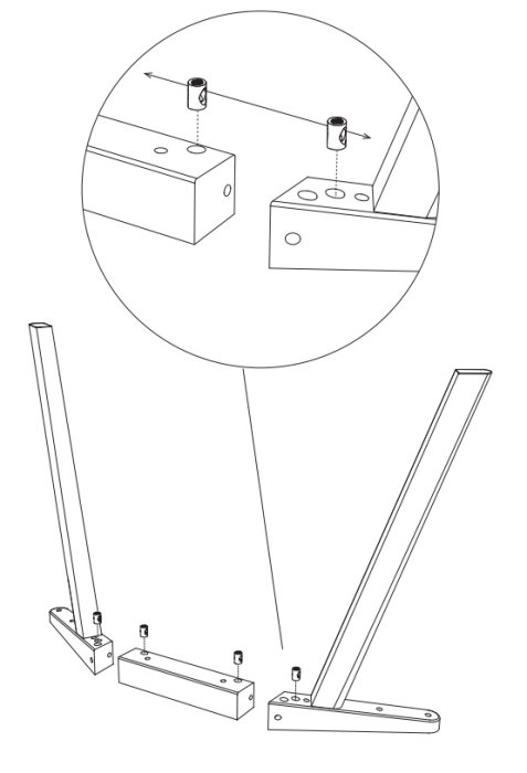 Instruktionsillustration som visar delar av en möbelbenstomme med en detaljerad förbindelse.