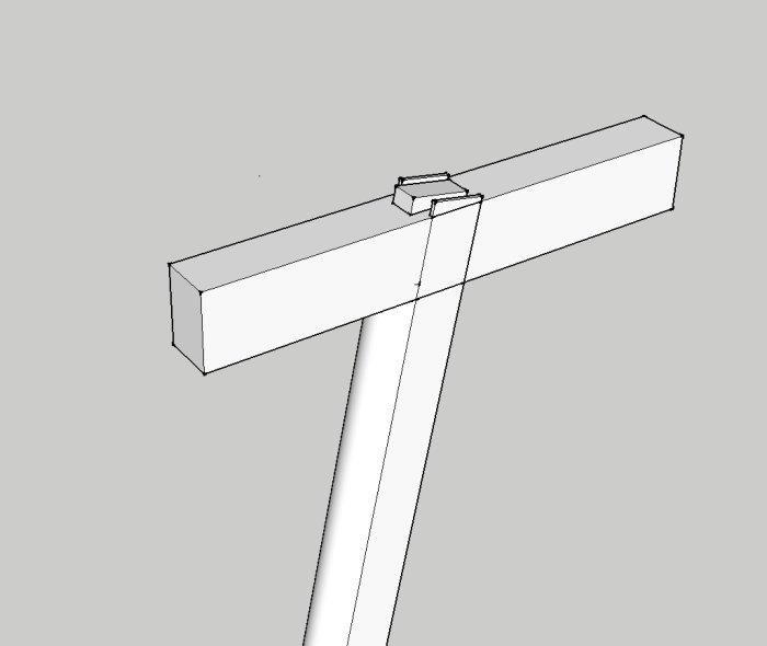3D-skiss av hur benen kan kopplas till bordets underrede med tapp och limmad fog.