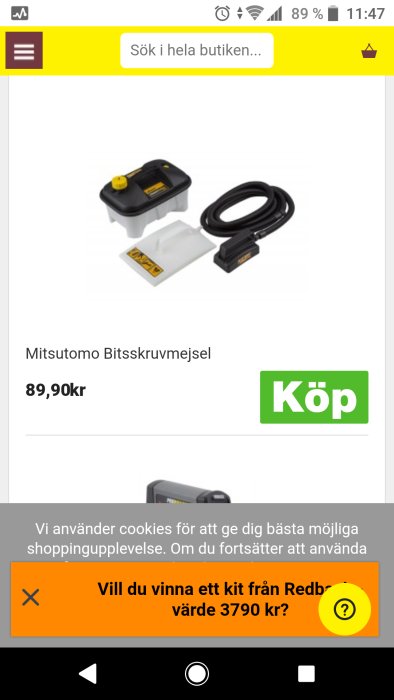 Bitskrivmejsel av märket Mitsutomo med prisangivelse och köpknapp, inkluderar laddare och kabel.