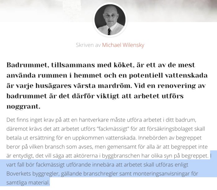 Skärmbild av en webbsida med text om betydelsen av fackmässigt arbete vid badrumsrenoveringar, skriven av Michael Wilensky.