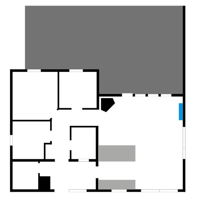 Schematisk ritning av husplan med markerade rum och fönster, indikativ för en renoveringsdiskussion.