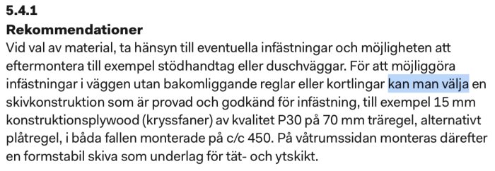 Skärmdump av branschrekommendationer om användning av 15mm plywood för infästningar utan stöd av reglar eller kortlingar.