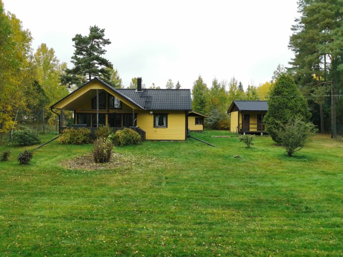 Ett gult hus efter beskärning av växter med synligt större trädgård och ett mindre gästhus i bakgrunden.