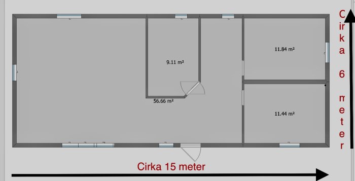 Ritning av en bottenvåning med måttangivelser och rum på cirka 56, 9, 11.8 och 11.4 kvadratmeter.