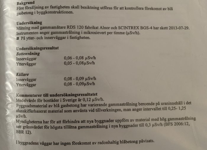 Dokument med resultat från radonmätning i byggnad, angivna värden för gammastrålning från väggar.