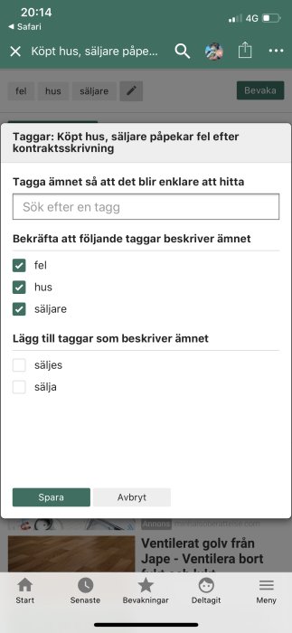 Skärmbild av ett forum där användare taggar ämnen med "fel", "hus", "säljare" för att organisera inlägg.