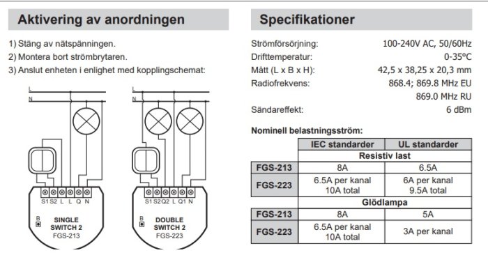 Schema och specifikationer för Fibaro Single och Double Switch inklusive kopplingsinstruktioner och belastningsgränser.