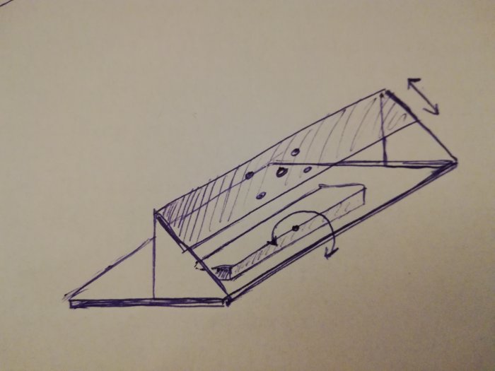 Handritad skiss av ett förslag till vinklat fräsbord med cirkelguidning och rotationscentrum.