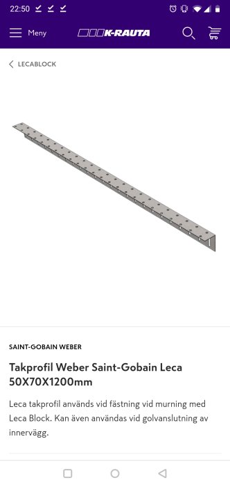 Takprofil Weber Saint-Gobain Leca av metall, 50x70x1200mm, används för fastsättning och murning.