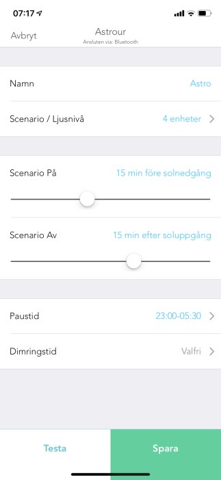 Skärmdump av app för styrning av ytterbelysning med paustid inställd till 23:00-05:30.