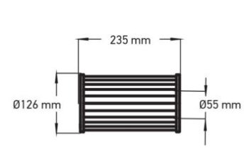 Diagram av ett cylindriskt spabadsfilter med måttangivelser 235 mm längd, Ø126 mm yttre diameter, Ø55 mm inre diameter.