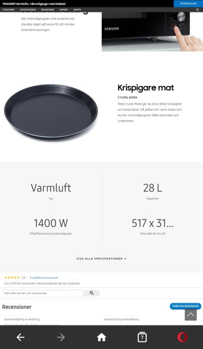 Skärmdump från Samsungs webbplats som visar mikrovågsugn och specifikationslistning med effektförbrukning på 1400W.