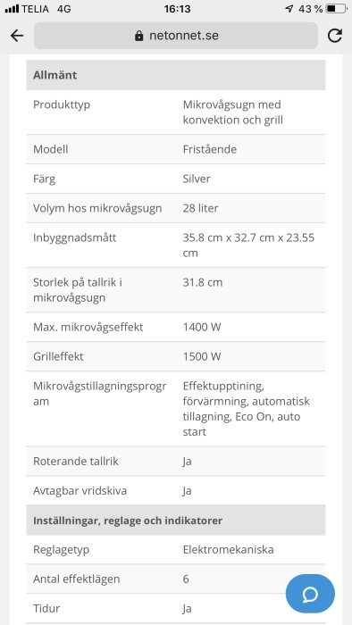 Skärmdump från Netonnet med specifikationer för mikrovågsugn, inklusive max effekt på 1400W.
