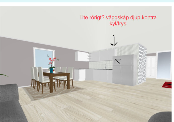 3D-rendering av kök med djupt väggskåp kontra kyl/frys och diskbänk, inredning i vardagsrum syns också.