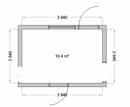 Ritning av ett litet kök på 10.4 m² med mått och dörröppningar.