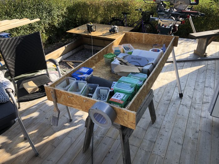 Enkelt byggt arbetsbord utomhus belamrat med verktyg och byggmaterial, omgivet av cykel och trämöbler.