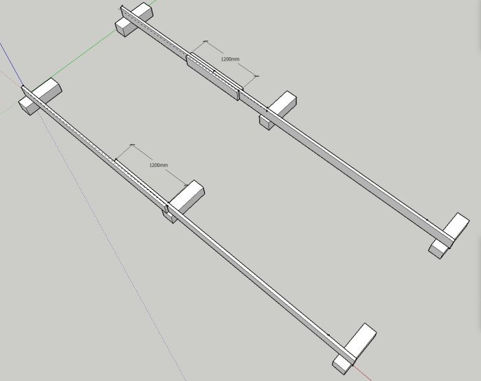 CAD-ritning av två bjälklagsreglar laskade med en mittbit och ändstycken.