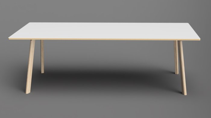 3D-skiss av ett modernt bord med ljus rektangulär skiva och enkla träben.