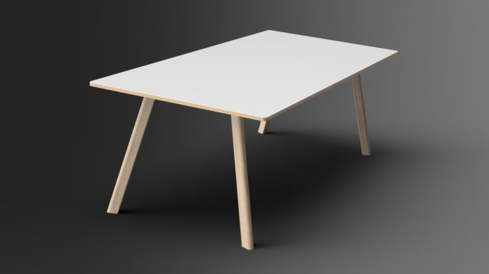 3D-renderad skiss av minimalistiskt designat bord med fyra ben, vitt bordsskiva mot mörk bakgrund.