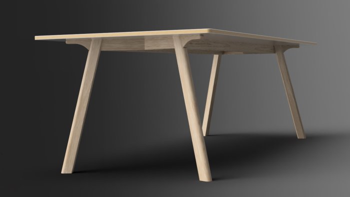 3D-renderad bild av ett modernt träbord med avsmalnande ben och tunn bordsskiva.