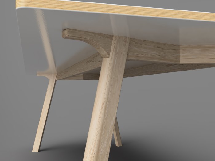 3D-rendering av ett trämatbord med detalj av benstöd och skiva.