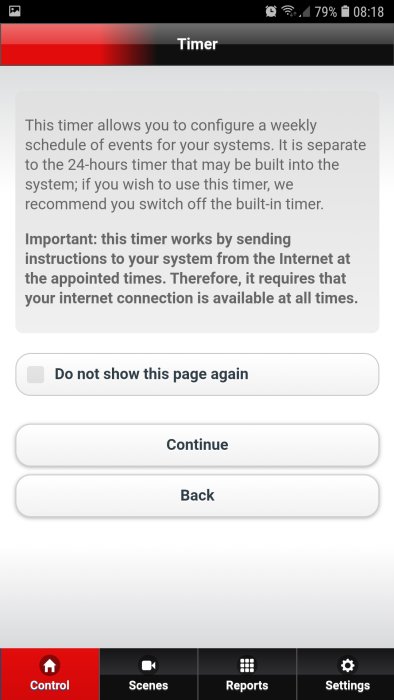 Skärmbild på en app för timerinställningar med text som beskriver hur man ställer in ett veckoschema för ett system, med en varning att internetförbindelsen krävs.