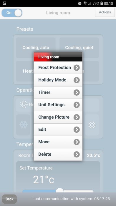 Skärmdump av en Mitsubishi värmepumps styrningsapp med öppen meny för inställningar som visar frostskydd och timer funktioner.