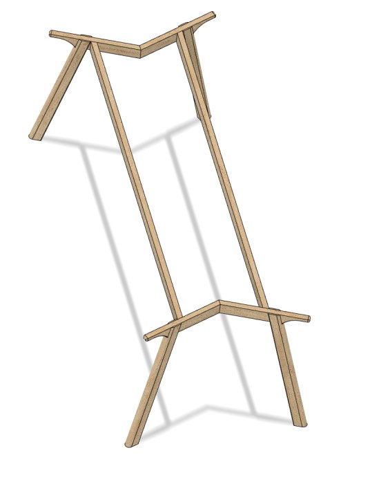 Illustration av träställning med tjockare sargar på 21 mm och detalj med dragborrade ekstavar.