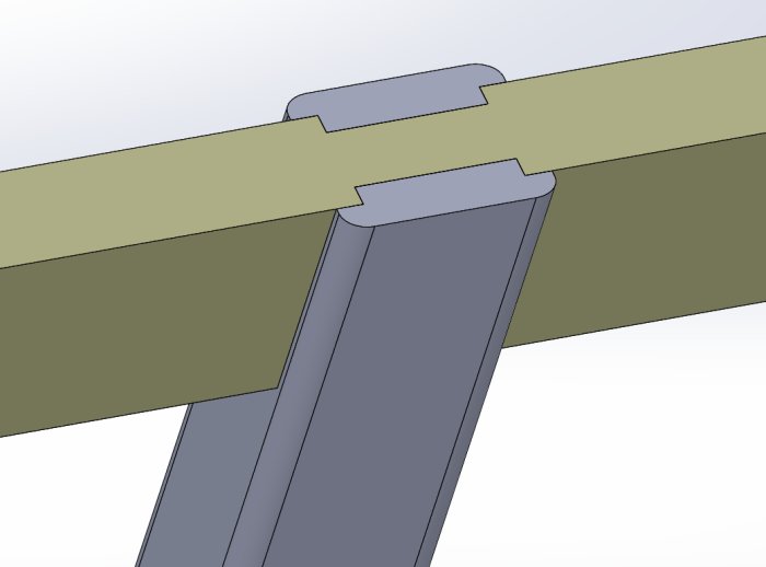3D-modell av sammanfogning av träbjälkar och metallkonsol.