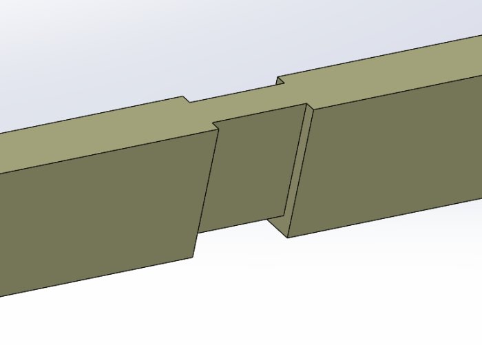 3D-modell av träbjälkar med sammanfogning genom not och fjäder.