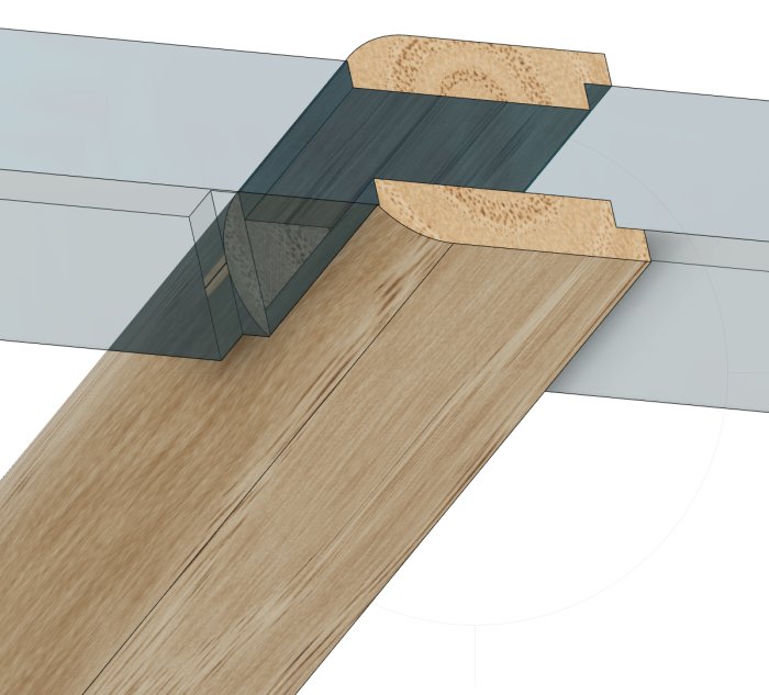 3D-ritning av träbjälke med not som möter stålbalk med problematisk koppling.