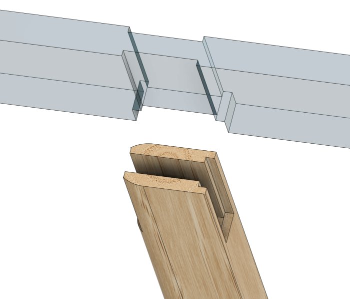 3D-ritning av träbjälkar och en balkongkonstruktion med ett planeringsproblem.