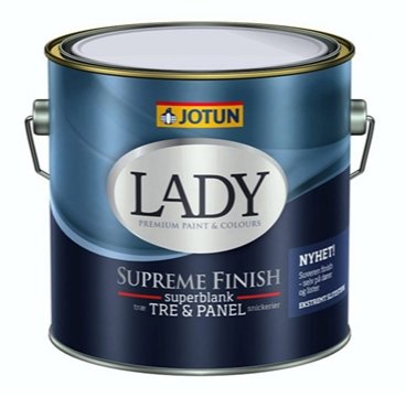 Burk med Jotun Lady Supreme Finish Tre & Panel färg, superblank för inomhusbruk.