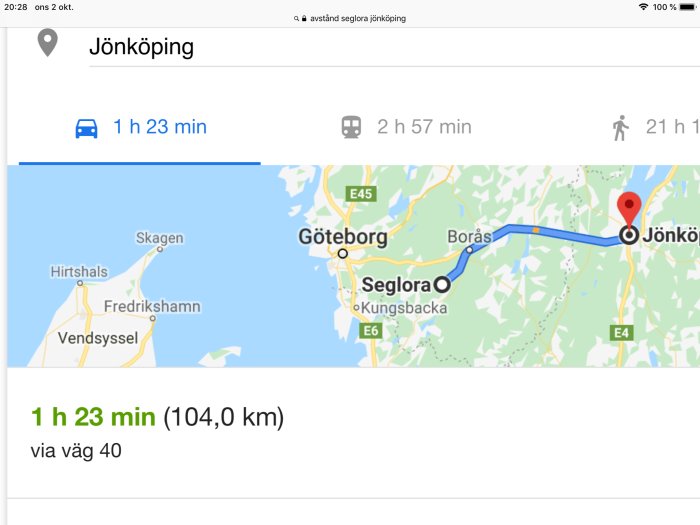 Kartbild som visar resvägen mellan Seglora och Jönköping, en sträcka på 104 km via väg 40.