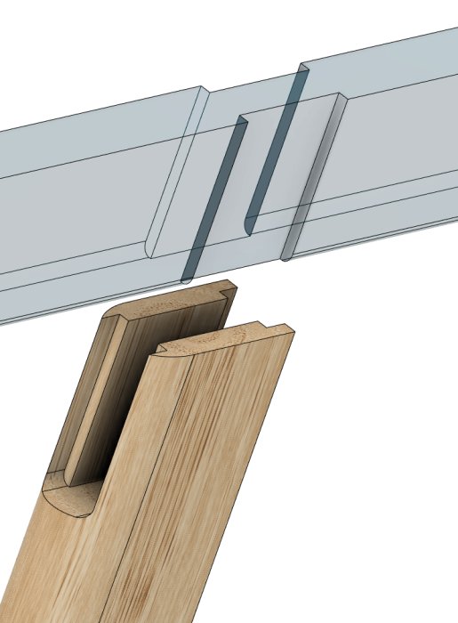 3D-rendering av träsnickeridetalj med urfräsningar för precisionssammanfogning.