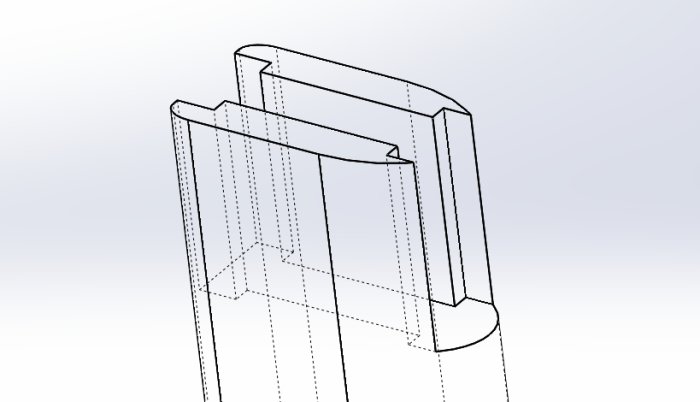 CAD-ritning av träben med detaljerade utsågningar och radierna före bearbetning.