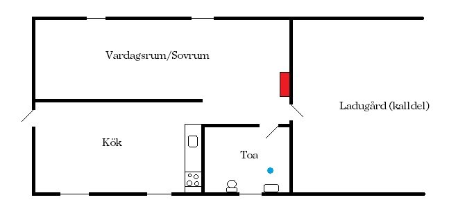 Enkel ritning av lägenhetens planlösning med markeringar för paxfläkt och luftvärmepump.