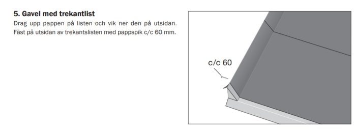 Illustration av korrekt applicering av takpapp vid gavel med trekantlist och fastsättning med pappspik.