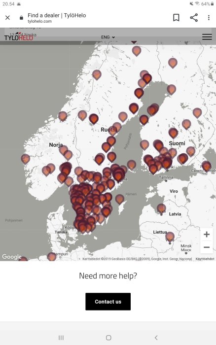 Karta över Norden och Baltikum med markerade platser för återförsäljare av TylöHelo-produkter.