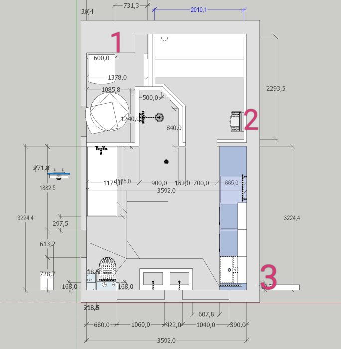 Ritning av tvättstuga och bastu i källare med numrerade ventilationselement och måttangivelser.