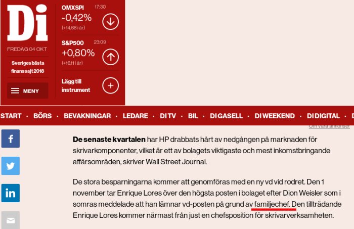Skärmbild av Dagens Industri webbsida med aktieindex och finansiell artikel.