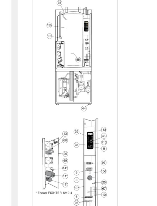 Schematisk bild av en värmepump med numrerade komponenter, nummer 68 och 69 nära en pump till vänster.