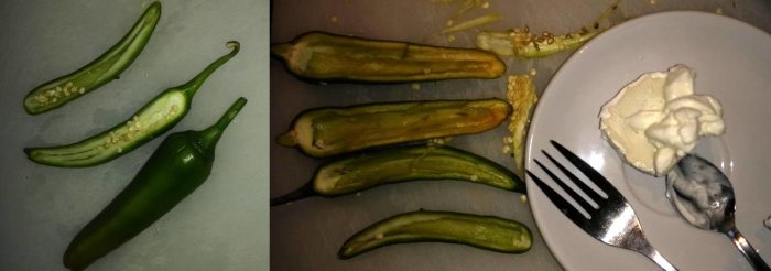 Preparerade chilihalvor och blandning av chevreost och crème fraîche redo för fyllning.