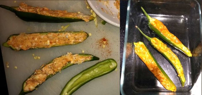 Halverade chilihalvor fyllda med ostblandning före och efter gräddning i ugn.