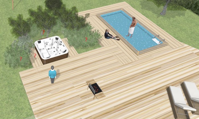 Illustration av trädgårdsdesign med pool, spabad, trädäck och frågetecken som markerar osäkerhet i planering.