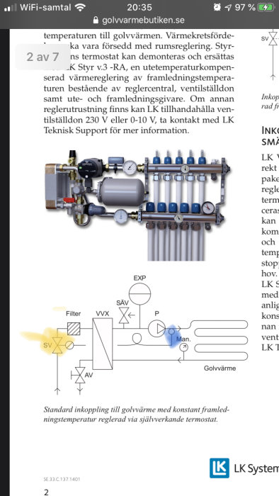 Schematisk illustration av golvvärmesystem med markerade gula och blåa punkter för styrdonsinstallation.